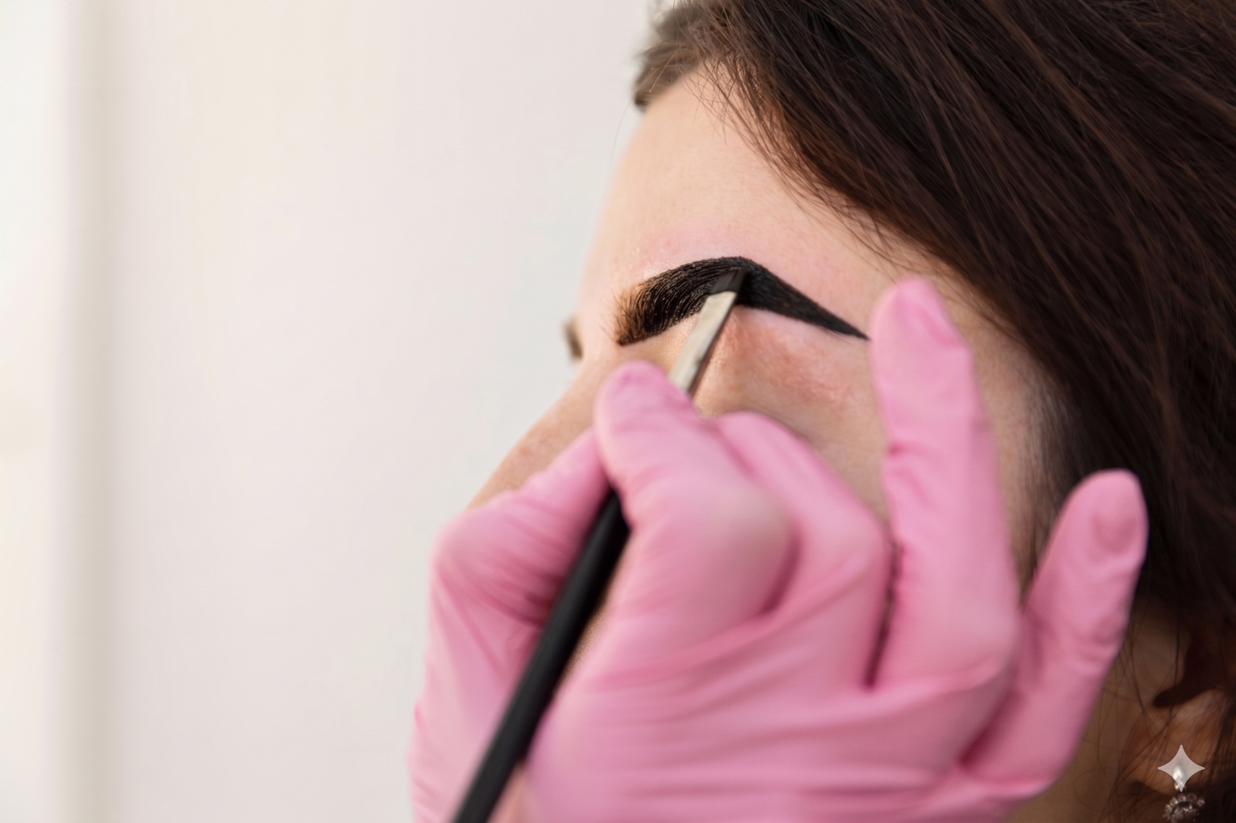 Close-up of a woman's defined, tinted eyebrows